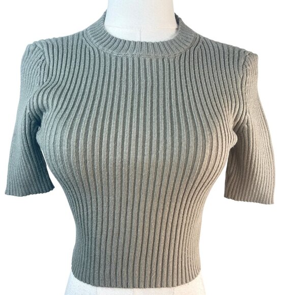 2/$30 ZARA Sage Green Small Ribbed Knit Short Sleeve Sweater Top Fitted Stretch - Picture 9 of 12